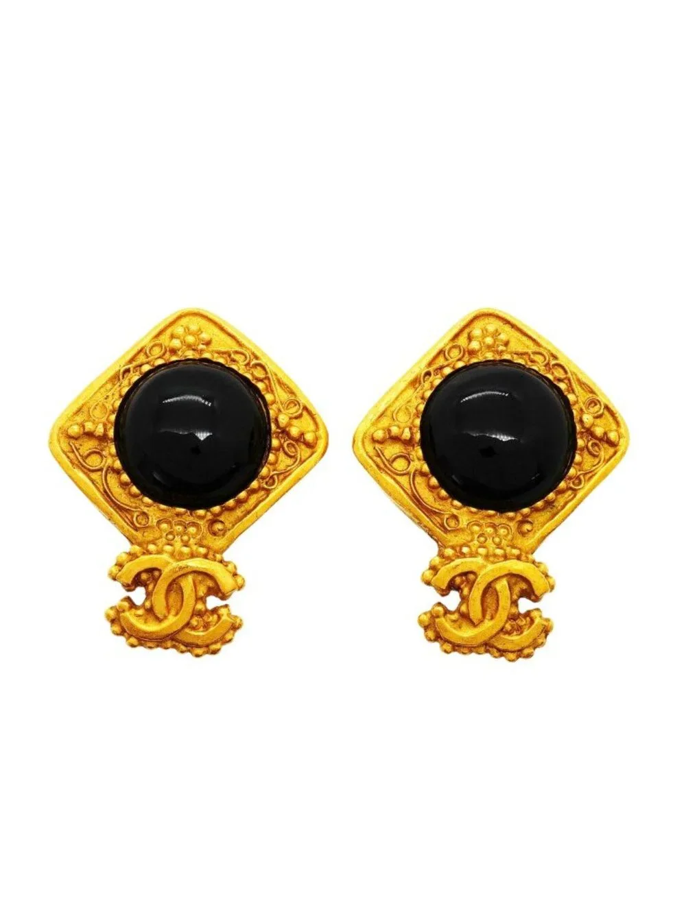Chanel Earrings Vintage CC Logo Gold Plated Black